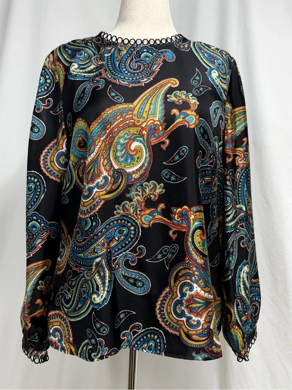 J. Crew 100% Black Paisley-Print Long Sleeve Blouse Scallop Trim